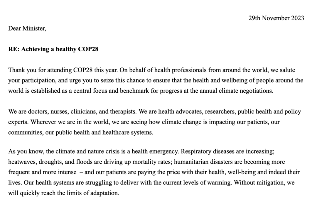 Profesionales de la salud instan a los ministros de salud a defender firmemente la salud durante la COP28